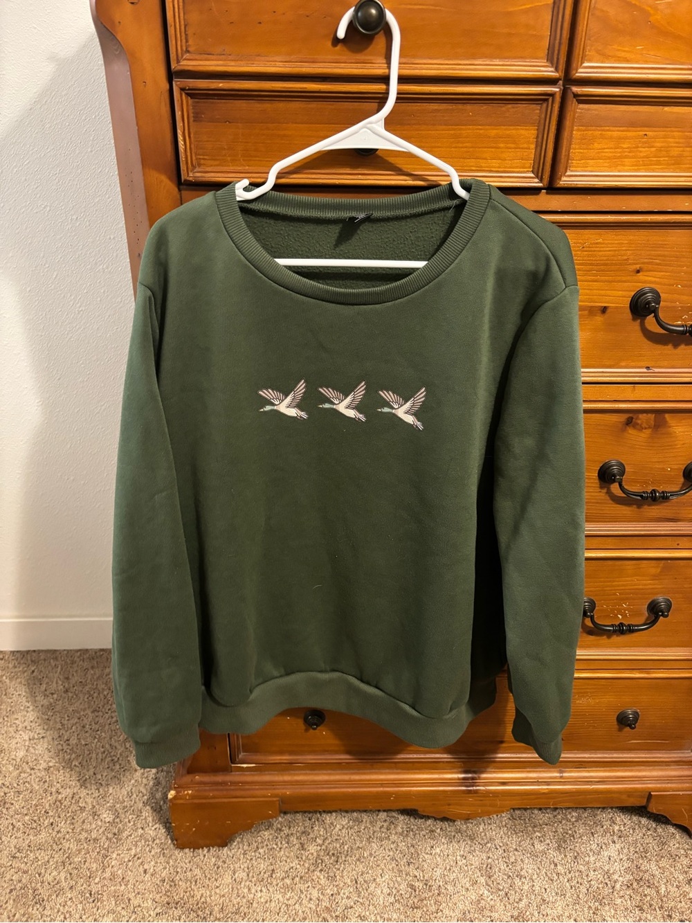 SHEIN Olive Green Crewneck Sweatshirt with Bird Motif
